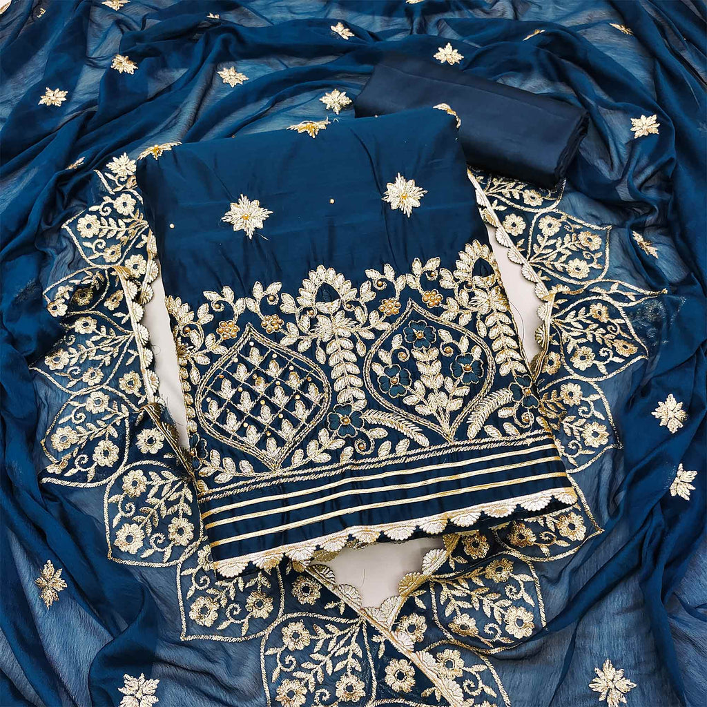 Blue Floral Embroidered Modal Dress Material