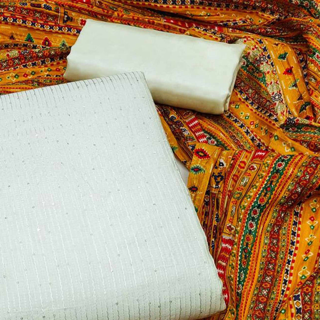 Off white Sequins Embroidered Chanderi Dress Material
