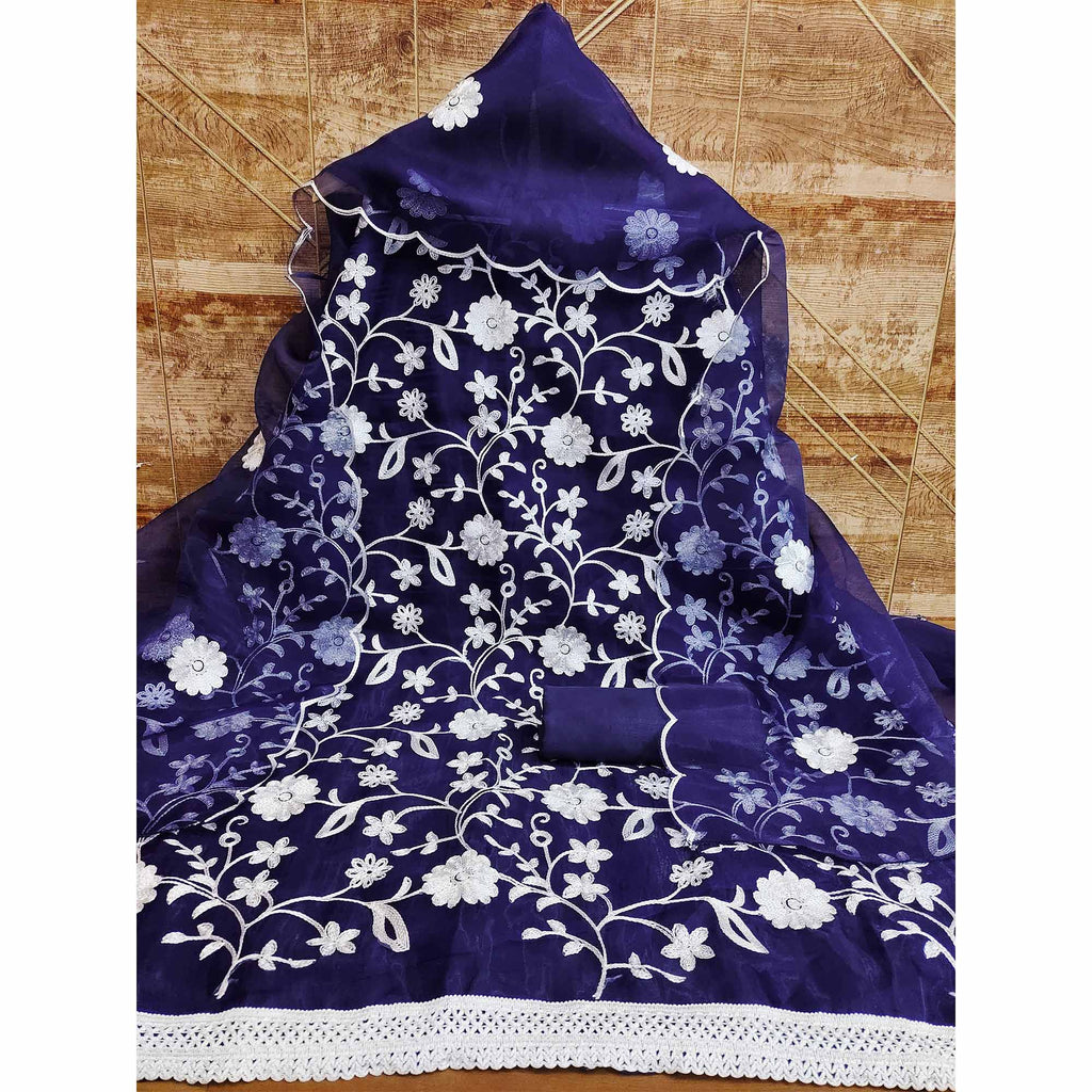 Blue Floral Embroidered Organza Dress Material