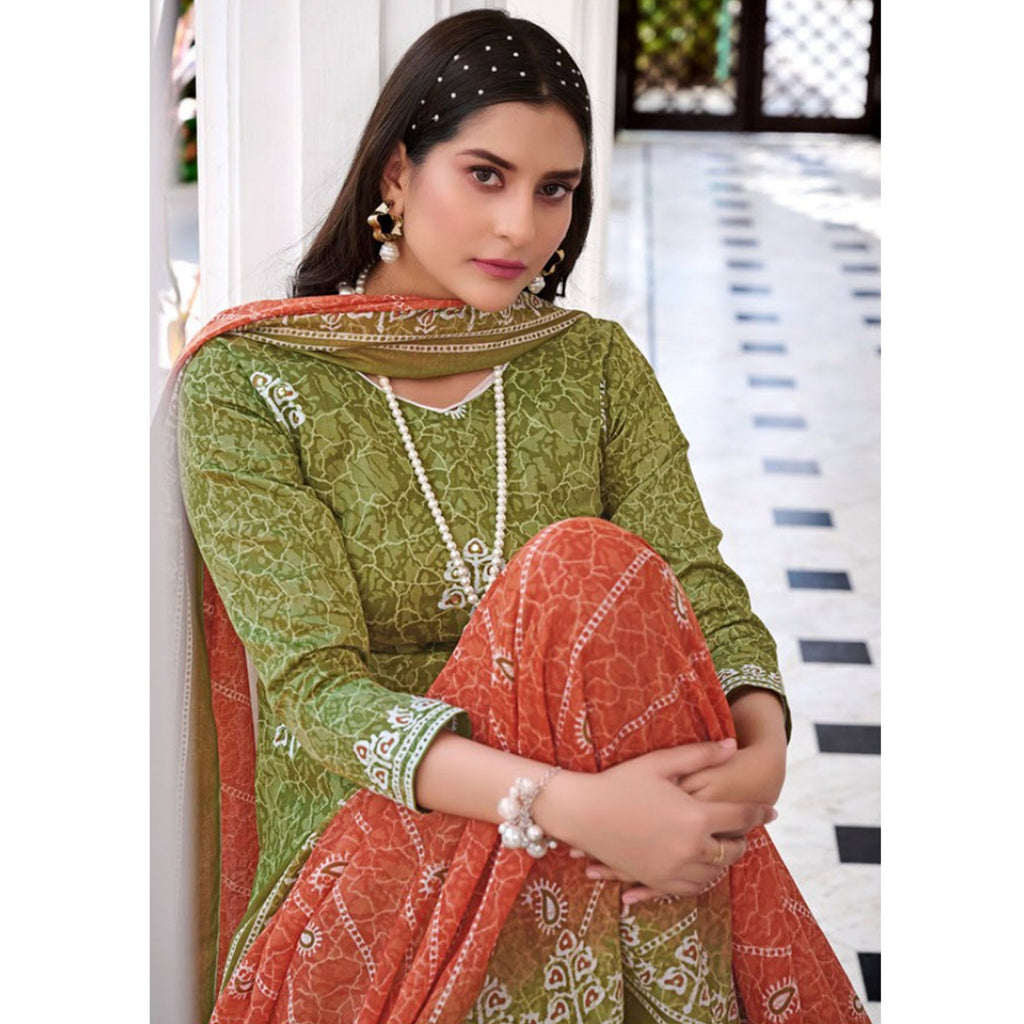 Olive Green Digital Printed With Mirror Work Pure Cotton Suit