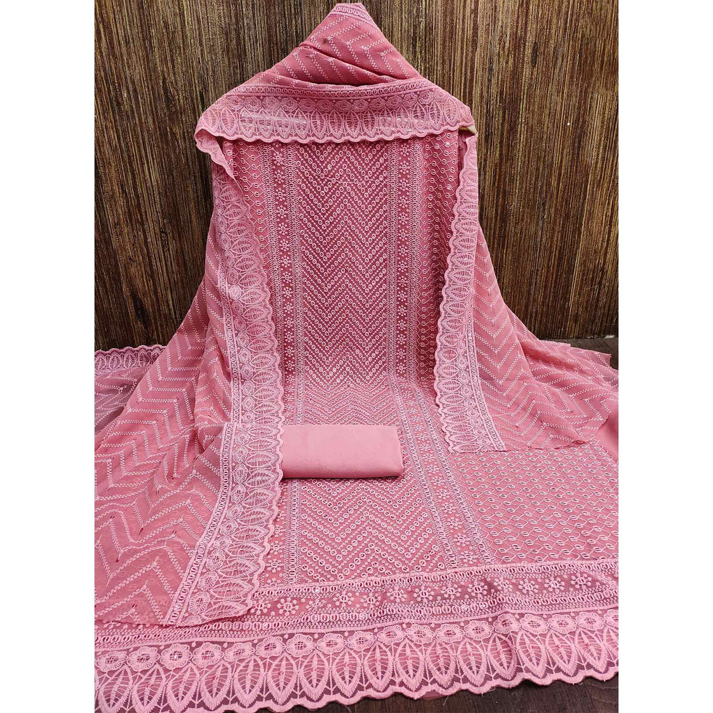 Pink Embroidered Georgette Dress Material