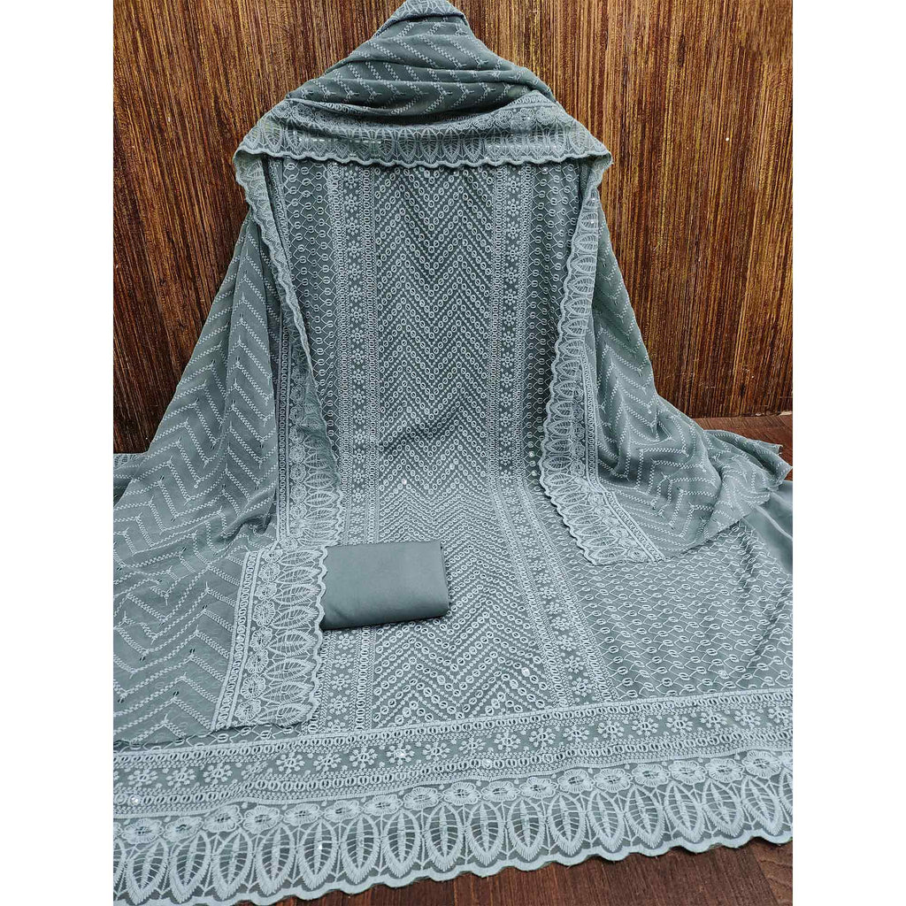 Grey Embroidered Georgette Dress Material
