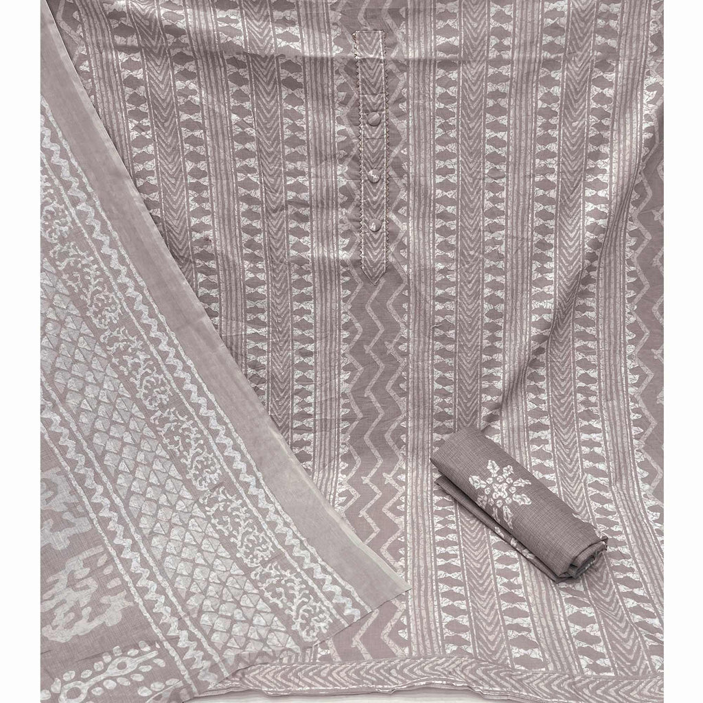 Grey Printed Pure Cotton Dress Material