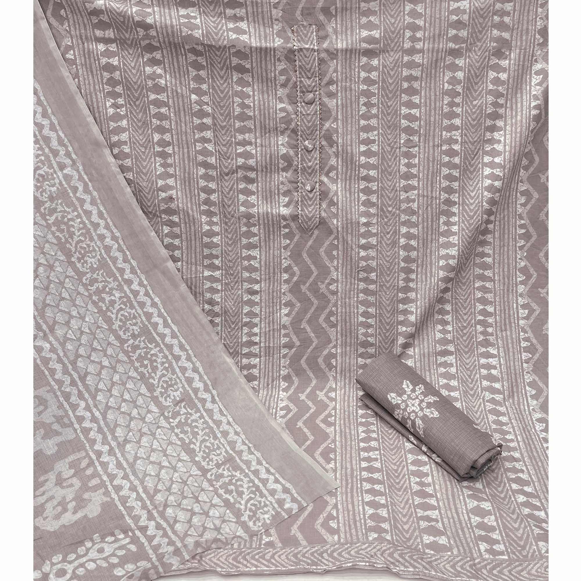 Grey Printed Pure Cotton Dress Material