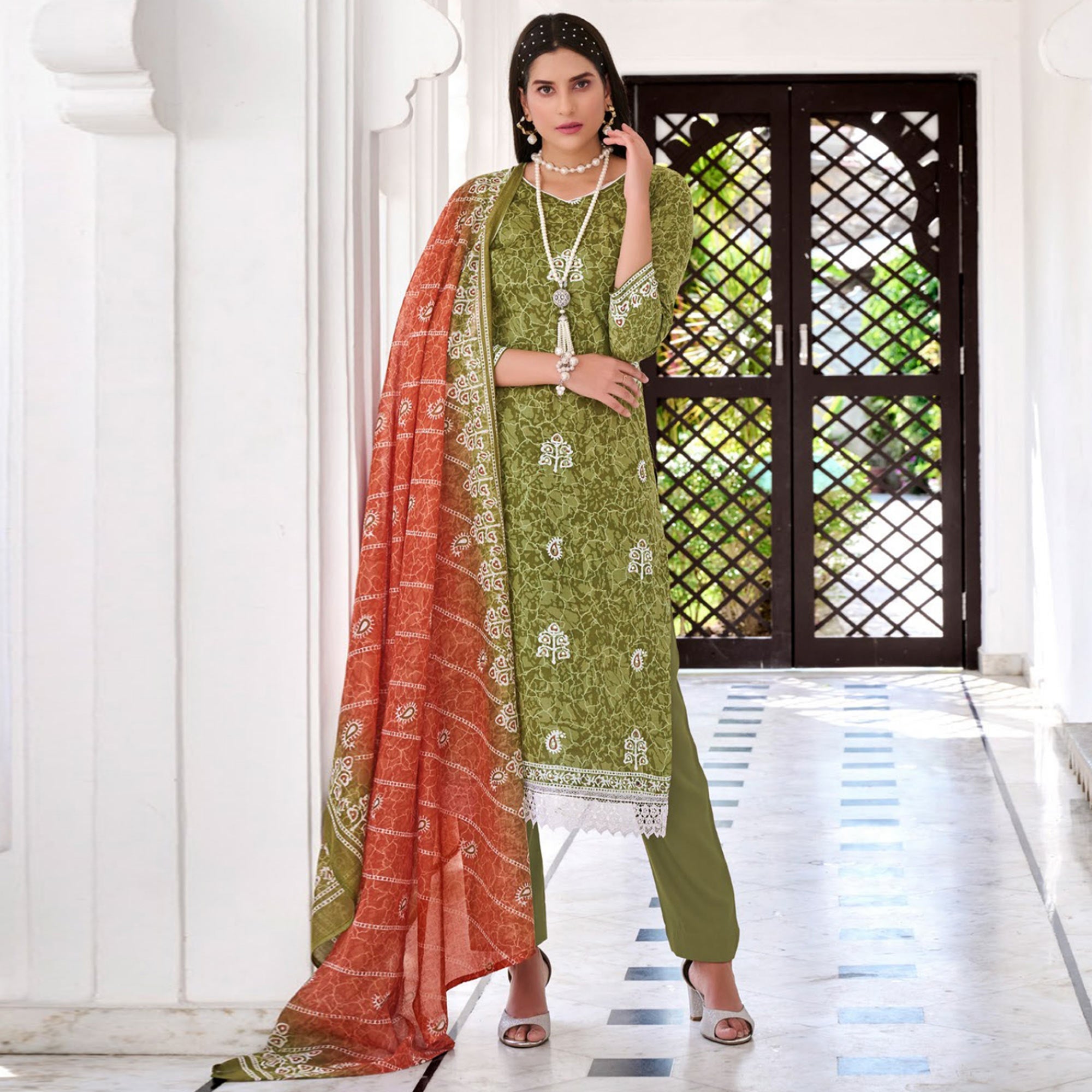 Olive Green Digital Printed With Mirror Work Pure Cotton Suit