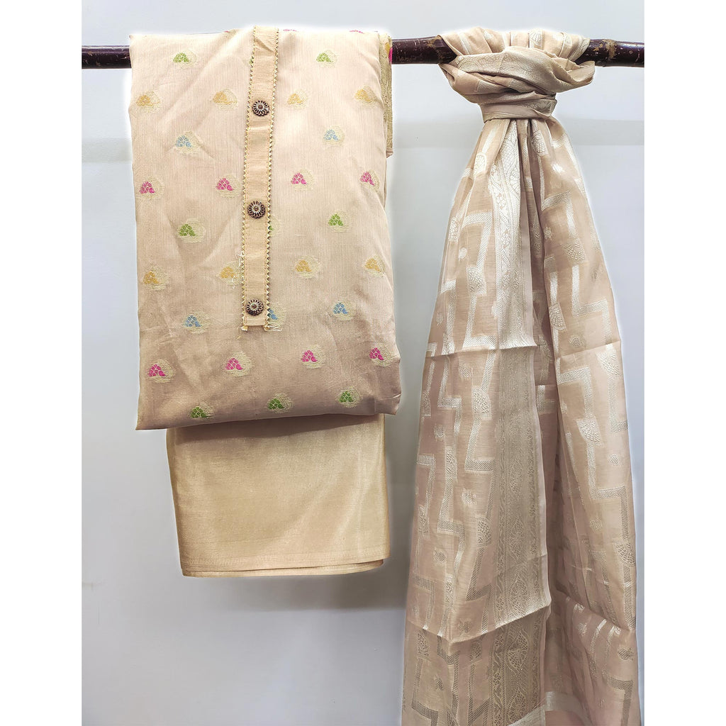 Beige Woven Banarasi Silk Dress Material