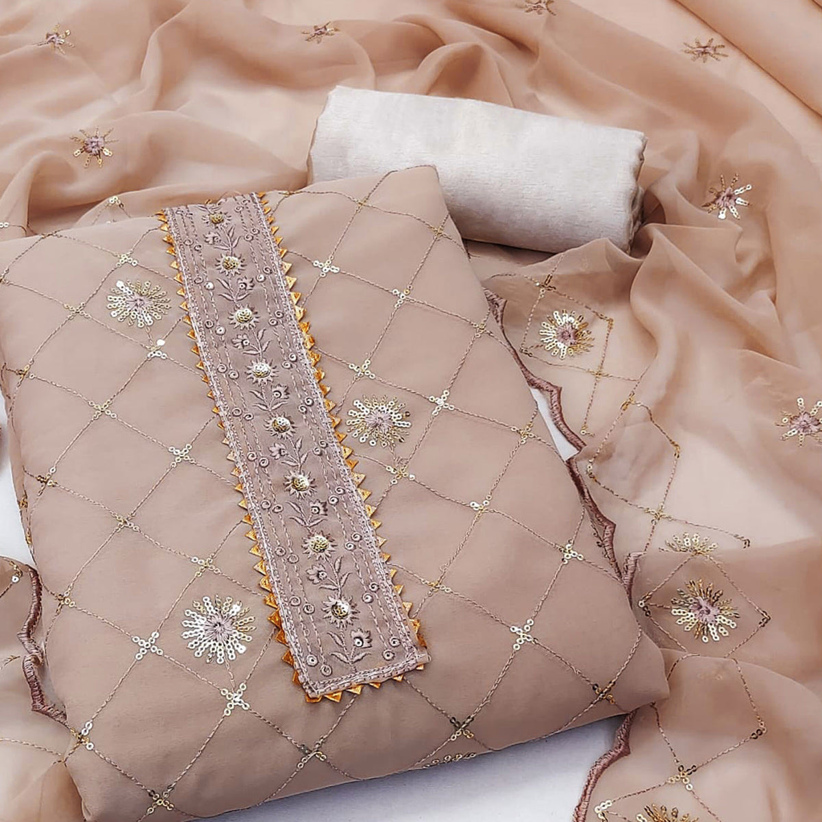 Chikoo Embroidered Sequins Georgette Dress Material