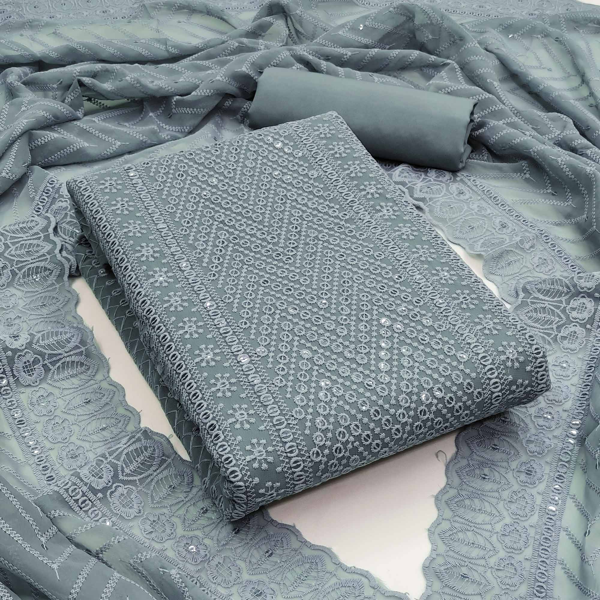 Grey Embroidered Georgette Dress Material