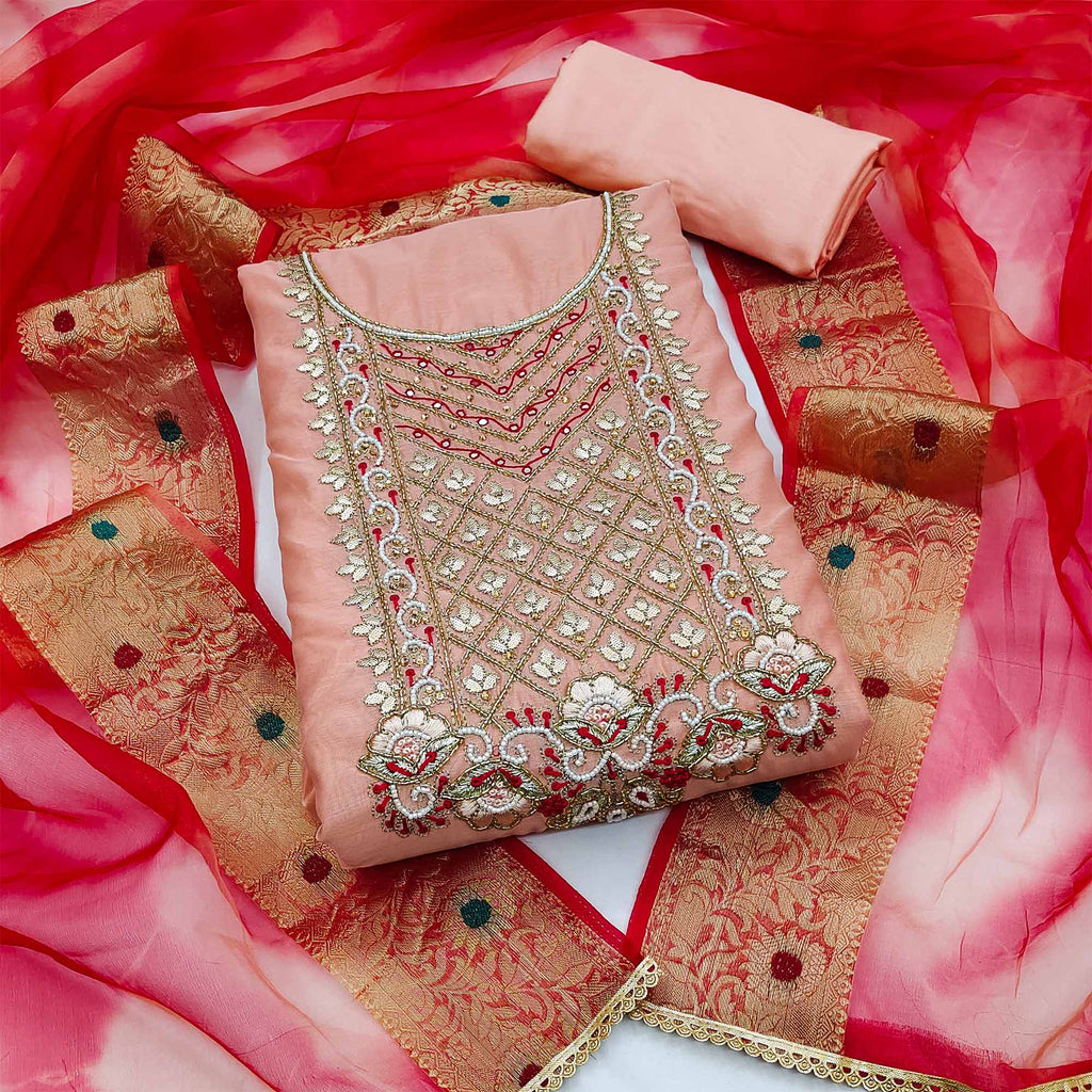 Peach Handwork Modal Dress Material