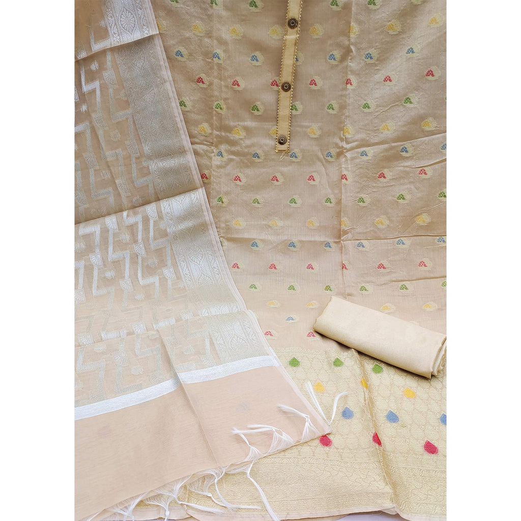 Beige Woven Banarasi Silk Dress Material
