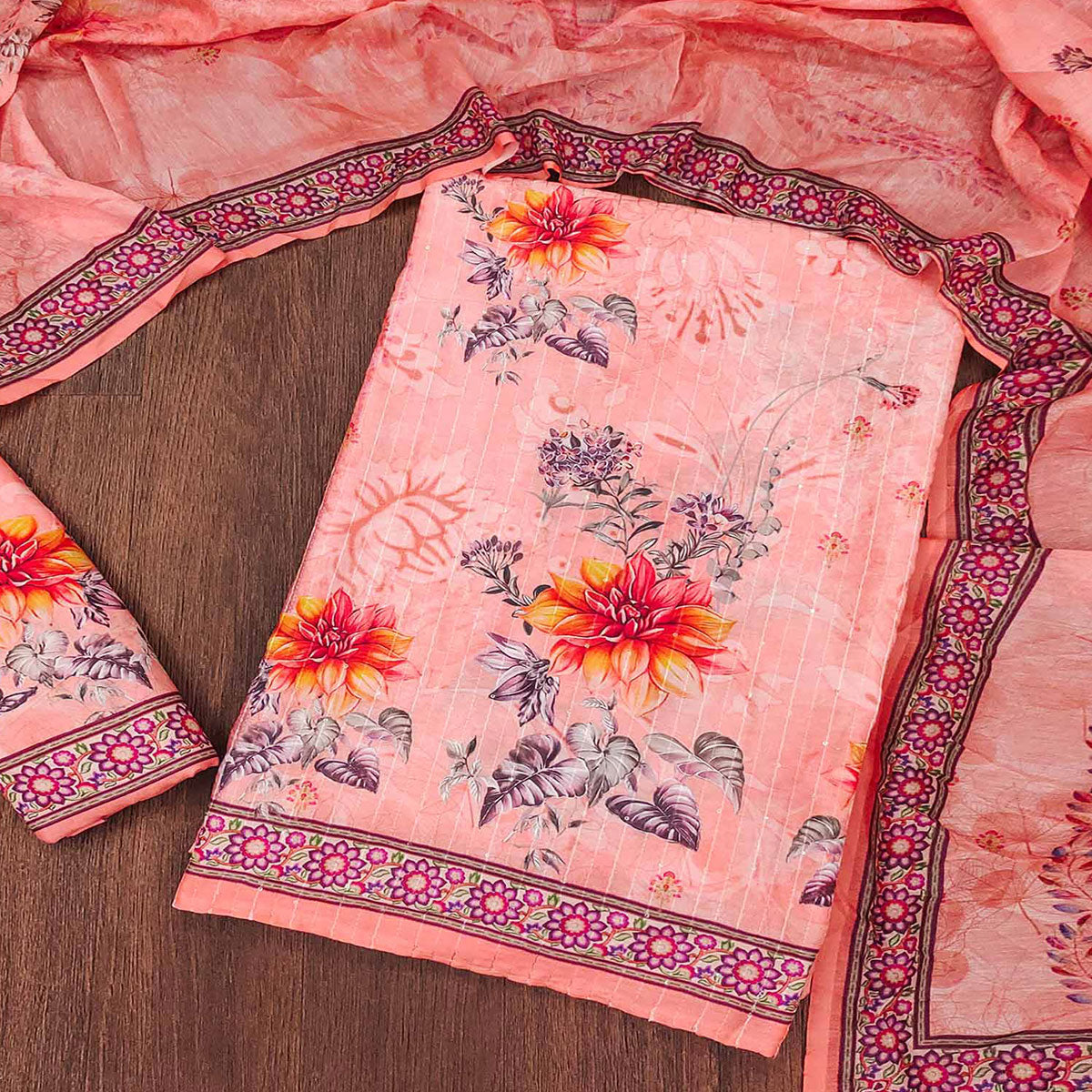 Peach Floral Digital Printed Muslin Dress Material