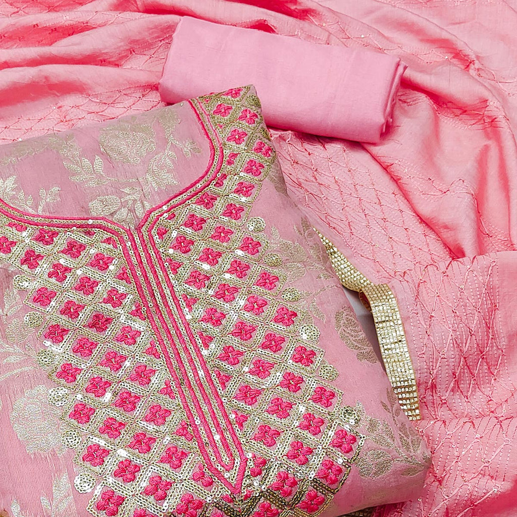 Pink Woven With Sequins Work Modal Dress Material