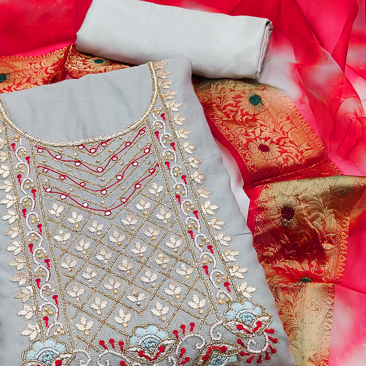 Grey Handwork Modal Dress Material