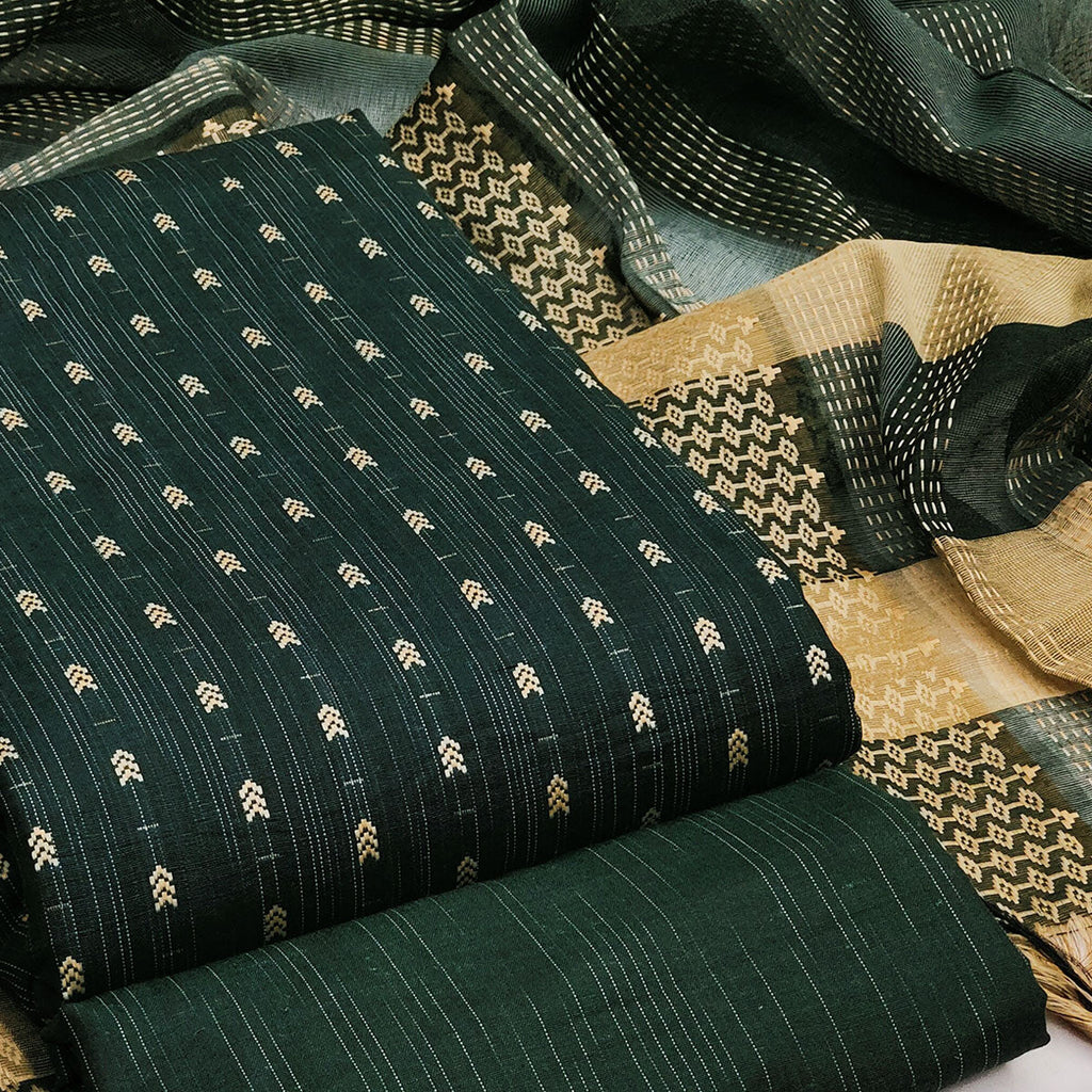 Bottle Green Woven Cotton Blend Dress Material