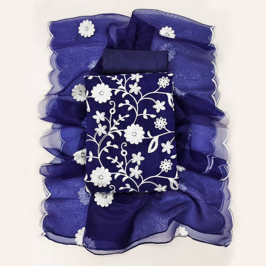 Blue Floral Embroidered Organza Dress Material