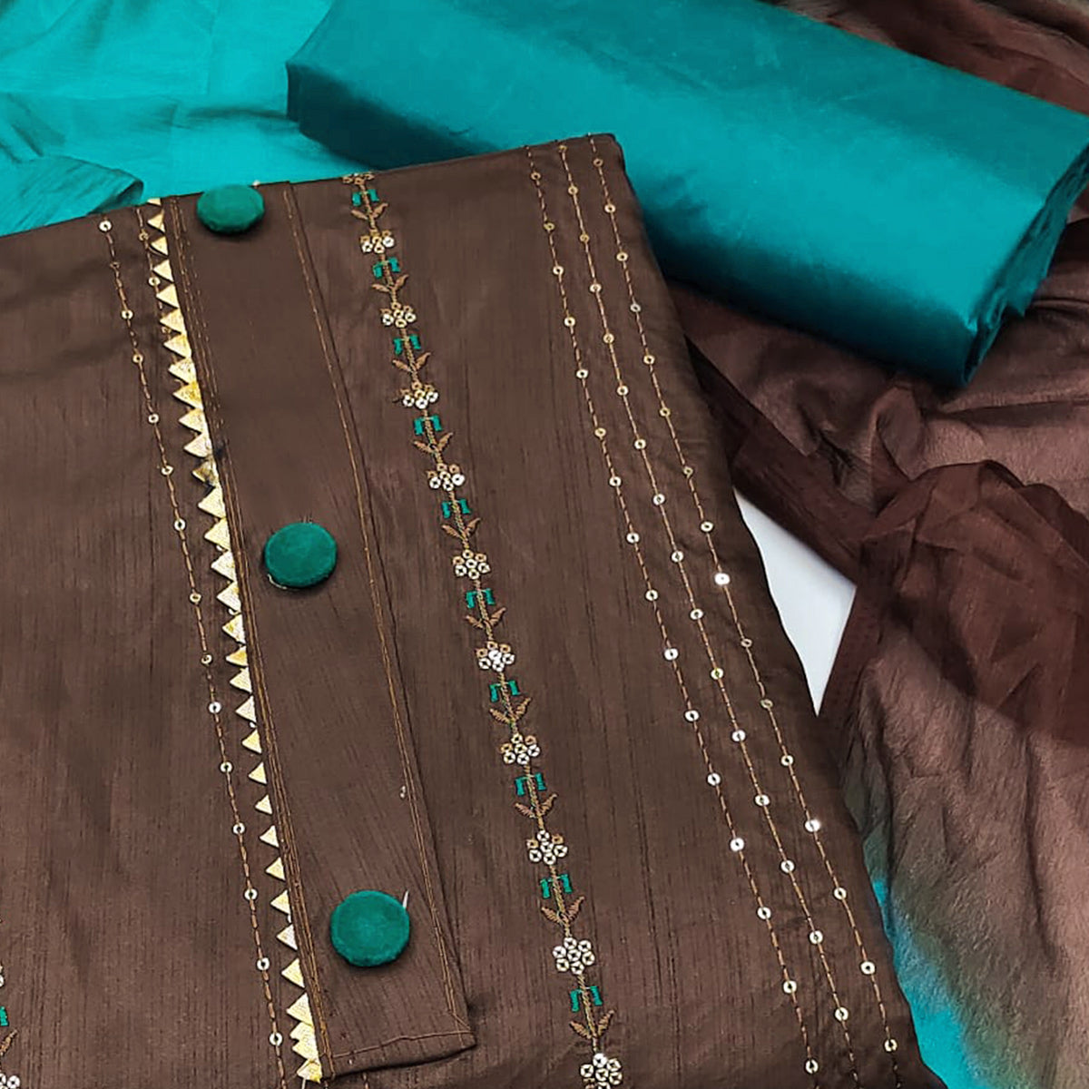 Brown Sequins Embroidered Raw Silk Dress Material