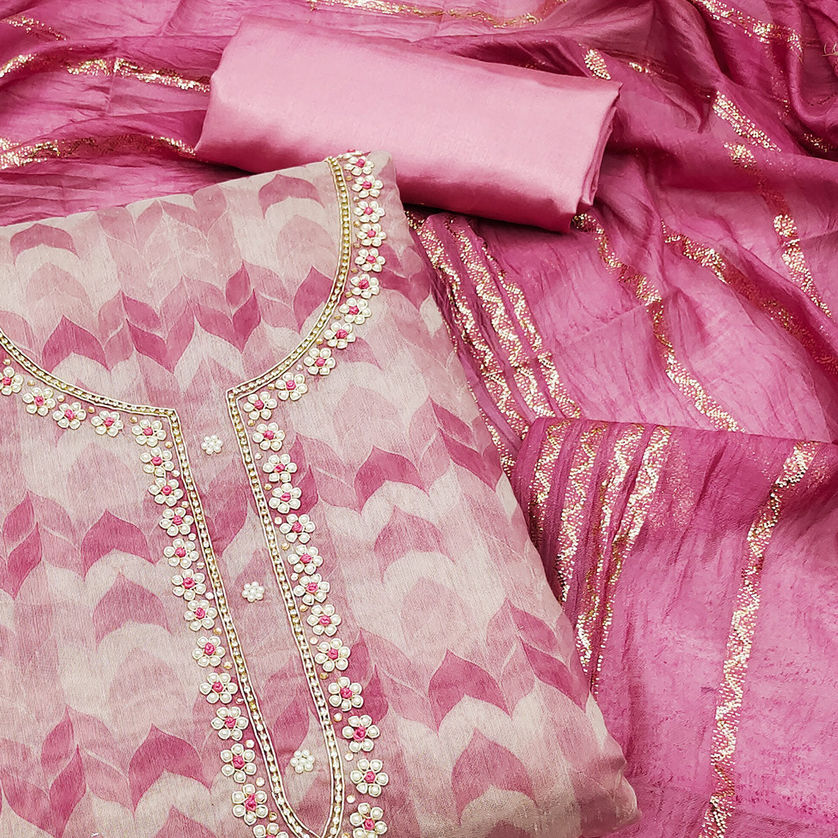 Pink Printed With Handwork Modal Dress Material