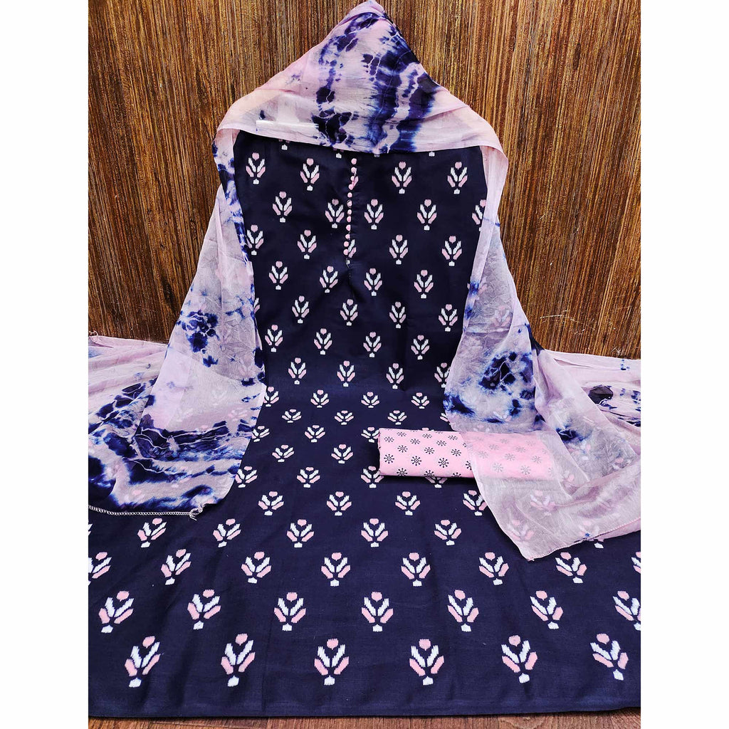 Navy Blue Ikkat Printed Cotton Blend Dress Material