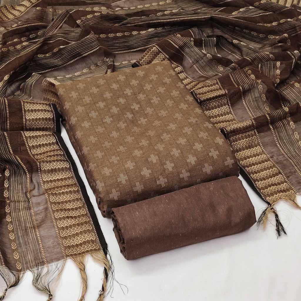 Coffee Brown Woven Cotton Blend Dress Material