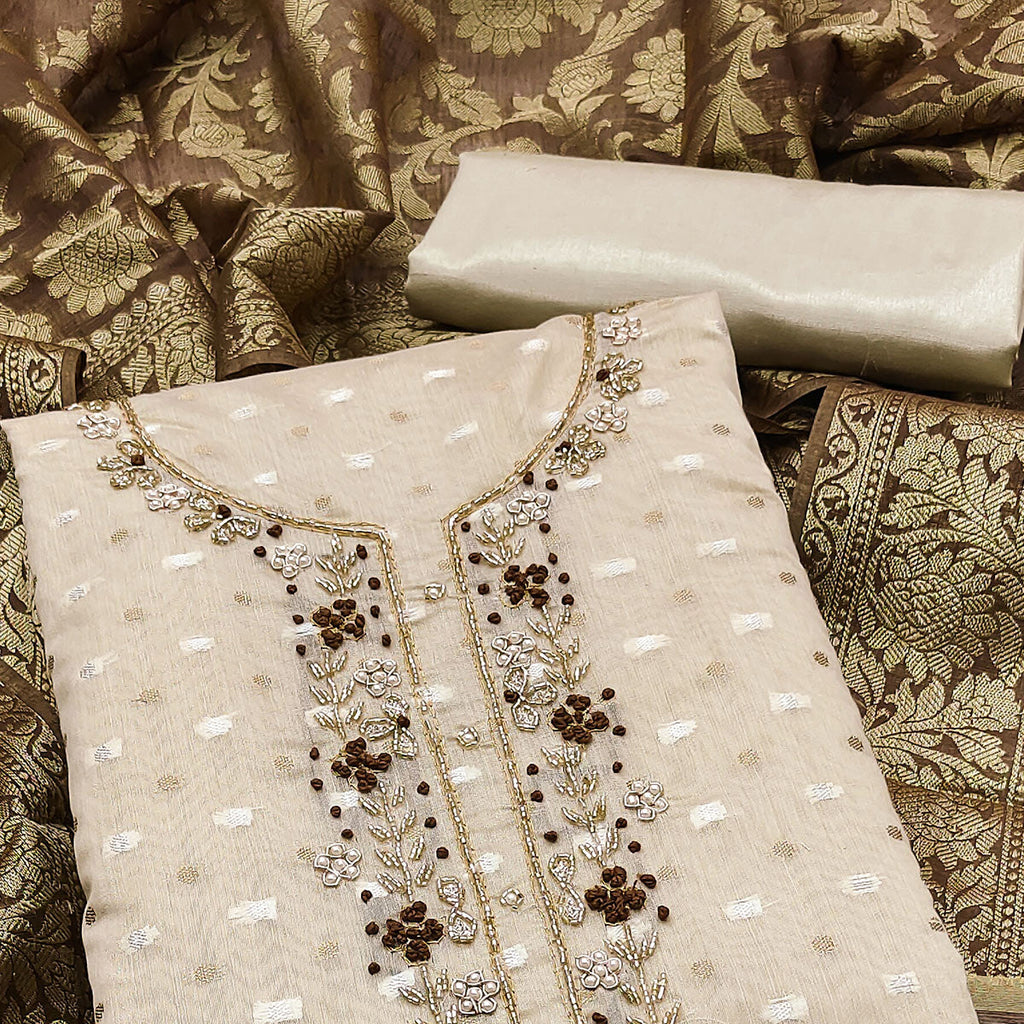 Beige Woven Banarasi Silk Dress Material