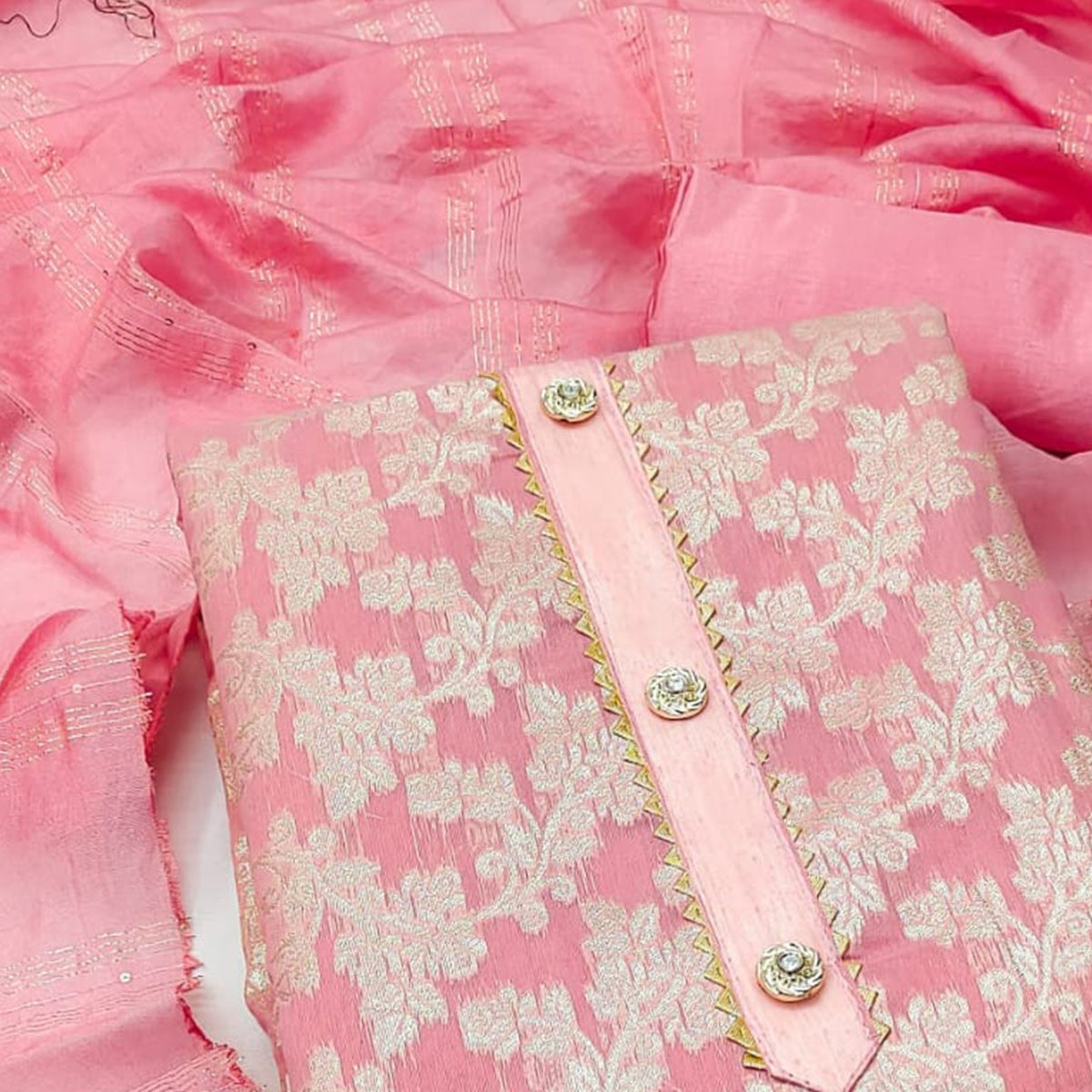 Pink Floral Woven Modal Dress Material