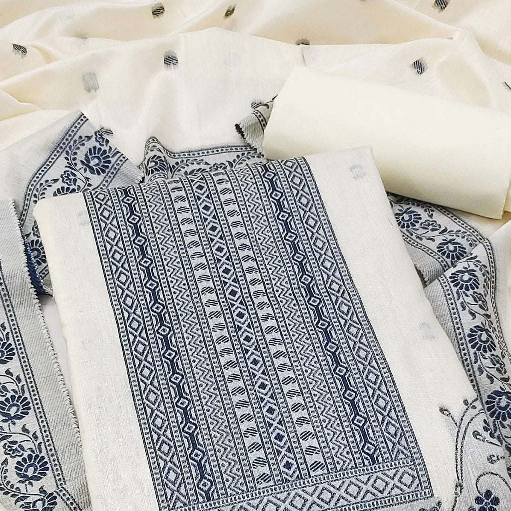 Cream & Blue Floral Woven Pure Cotton Dress Material