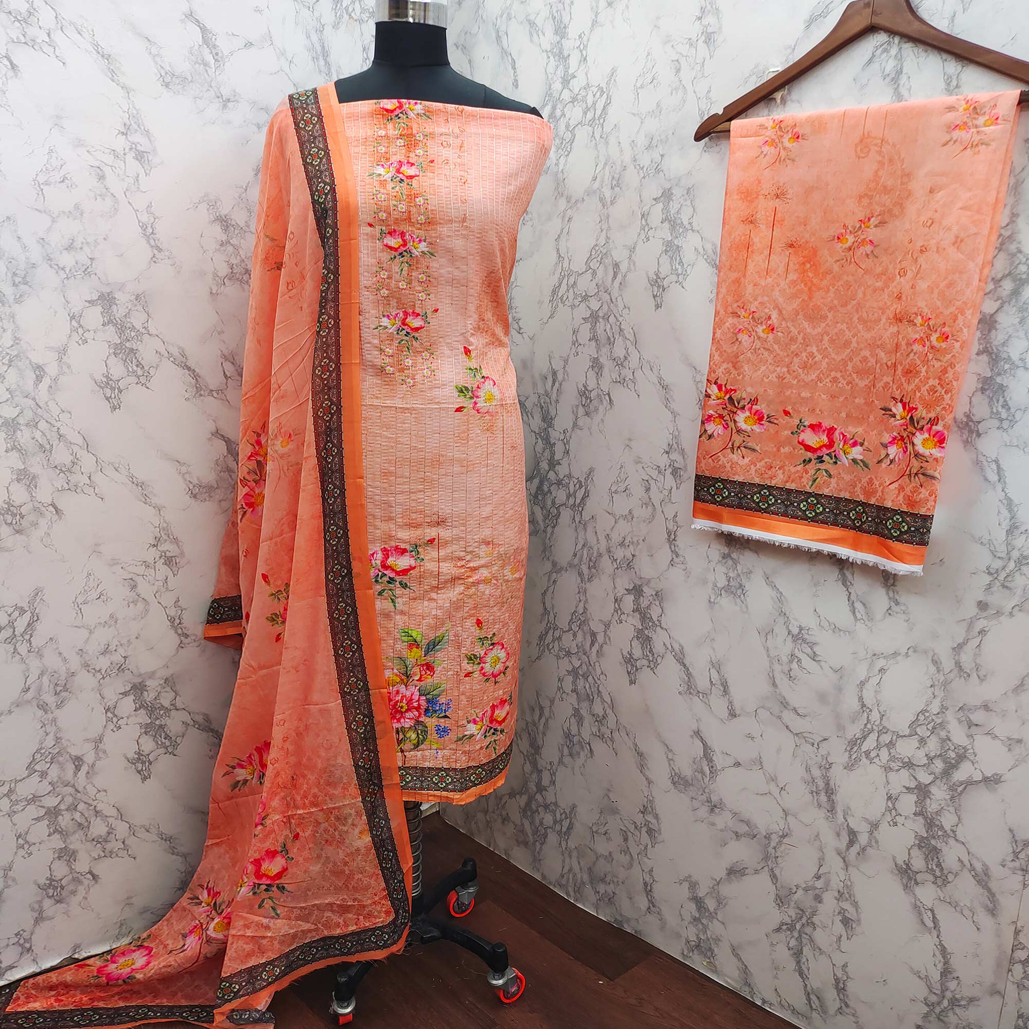 Peach Floral Digital Printed Muslin Dress Material