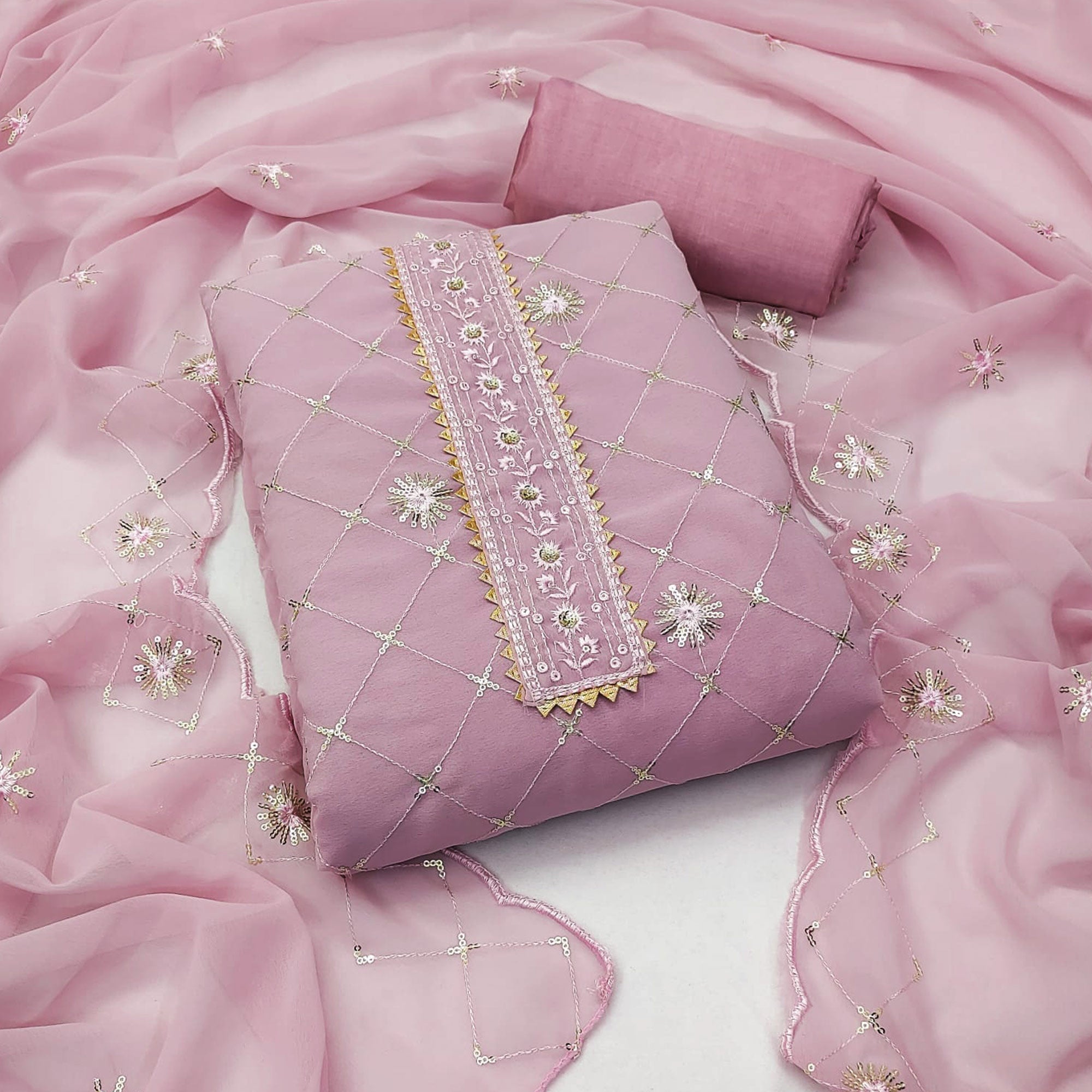 Pink Embroidered Sequins Georgette Dress Material