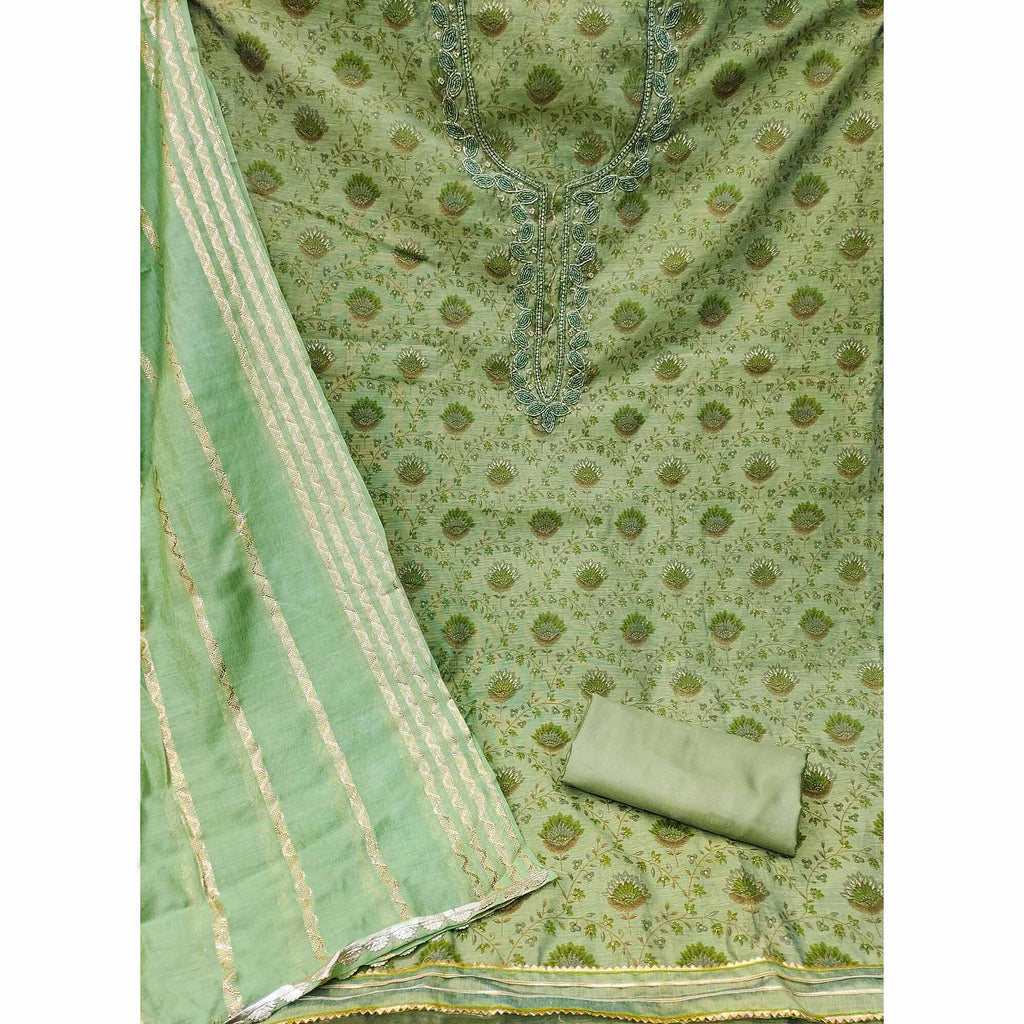 Green Printed With Handwork Modal Dress Material