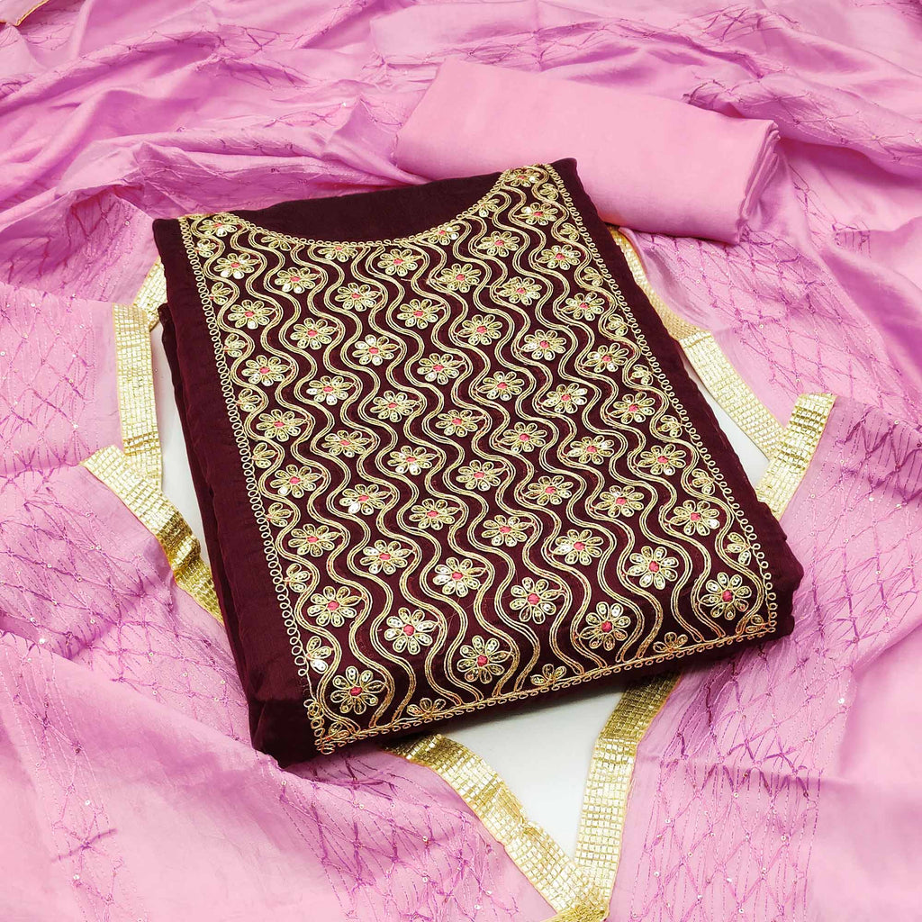 Maroon Sequins Floral Embroidered Modal Dress Material