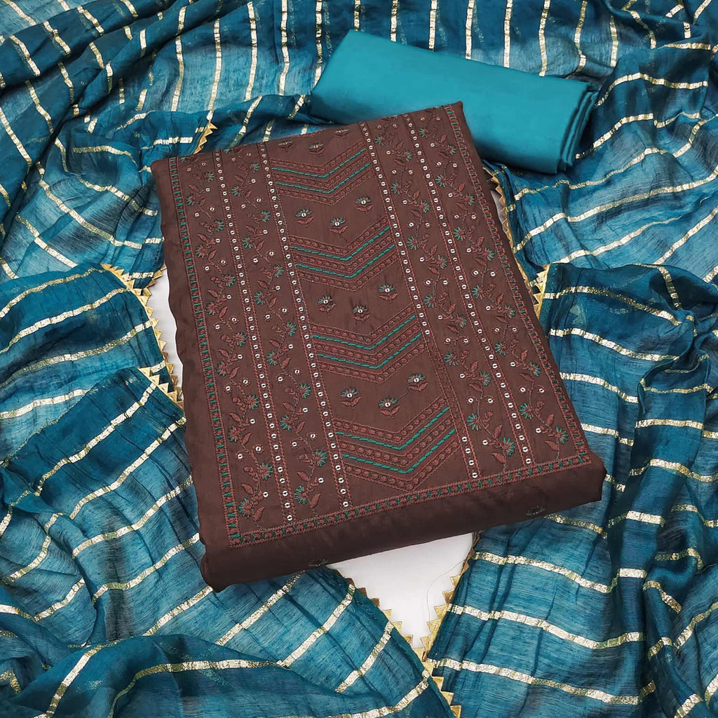 Brown Floral Sequins Embroidered Raw Silk Dress Material