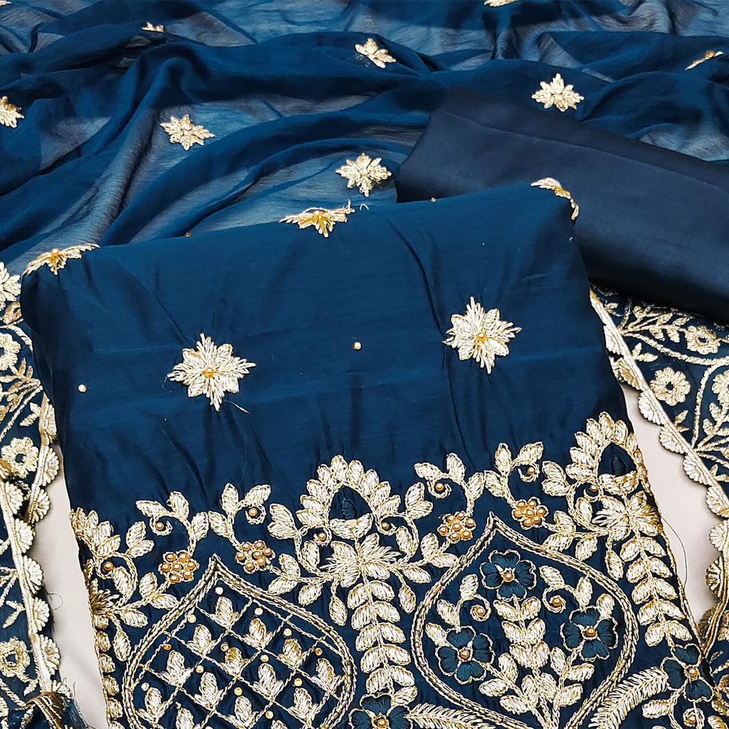 Blue Floral Embroidered Modal Dress Material