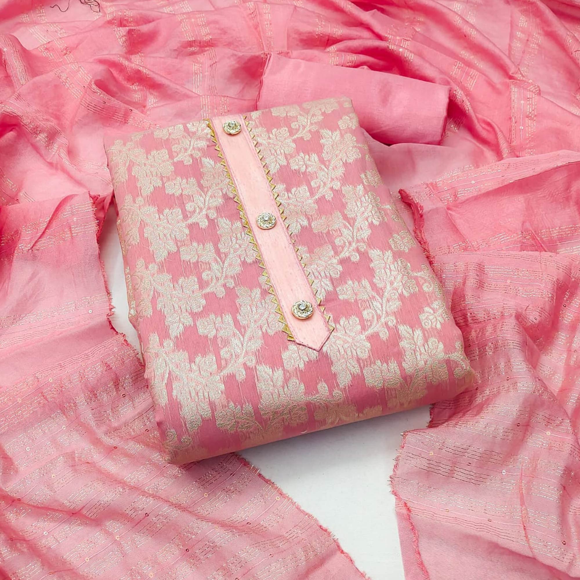 Pink Floral Woven Modal Dress Material