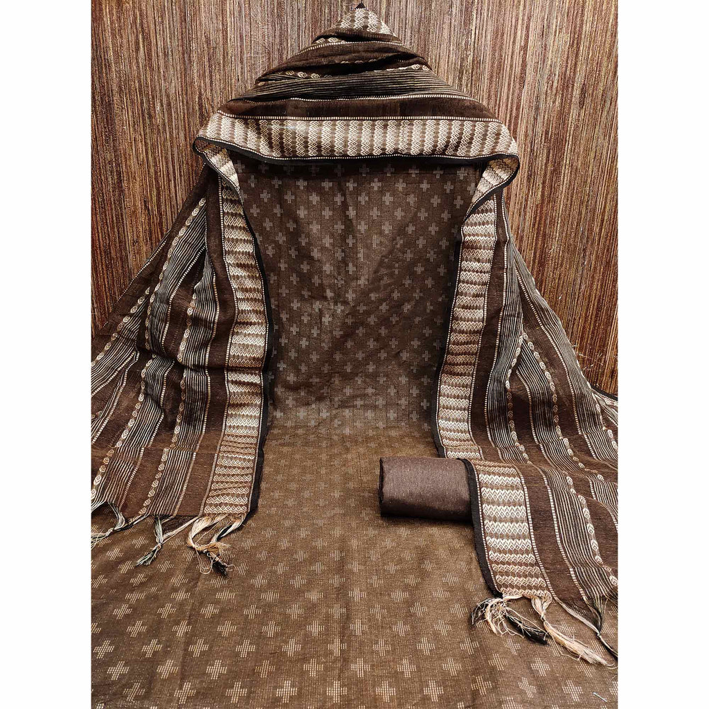 Coffee Brown Woven Cotton Blend Dress Material
