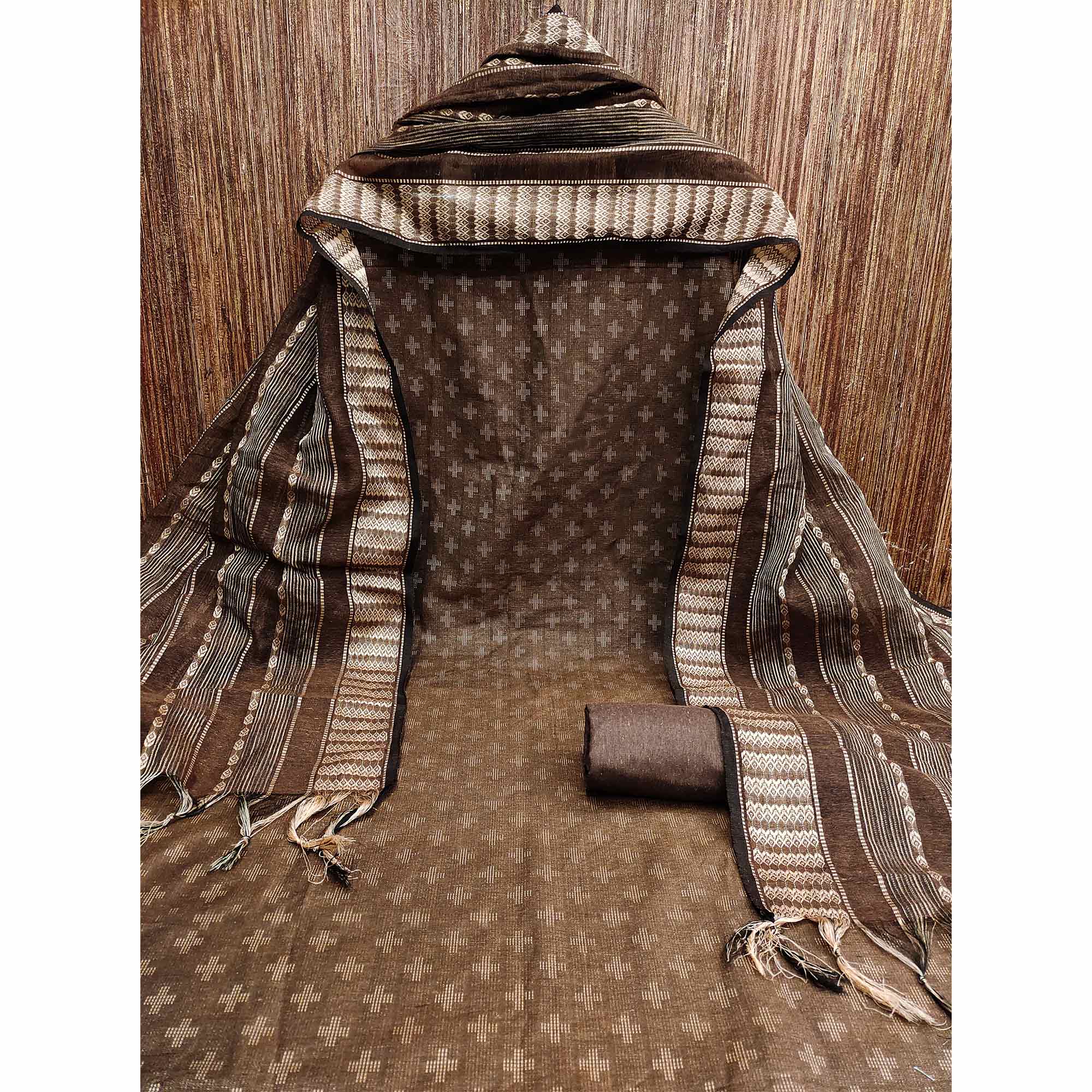 Coffee Brown Woven Cotton Blend Dress Material