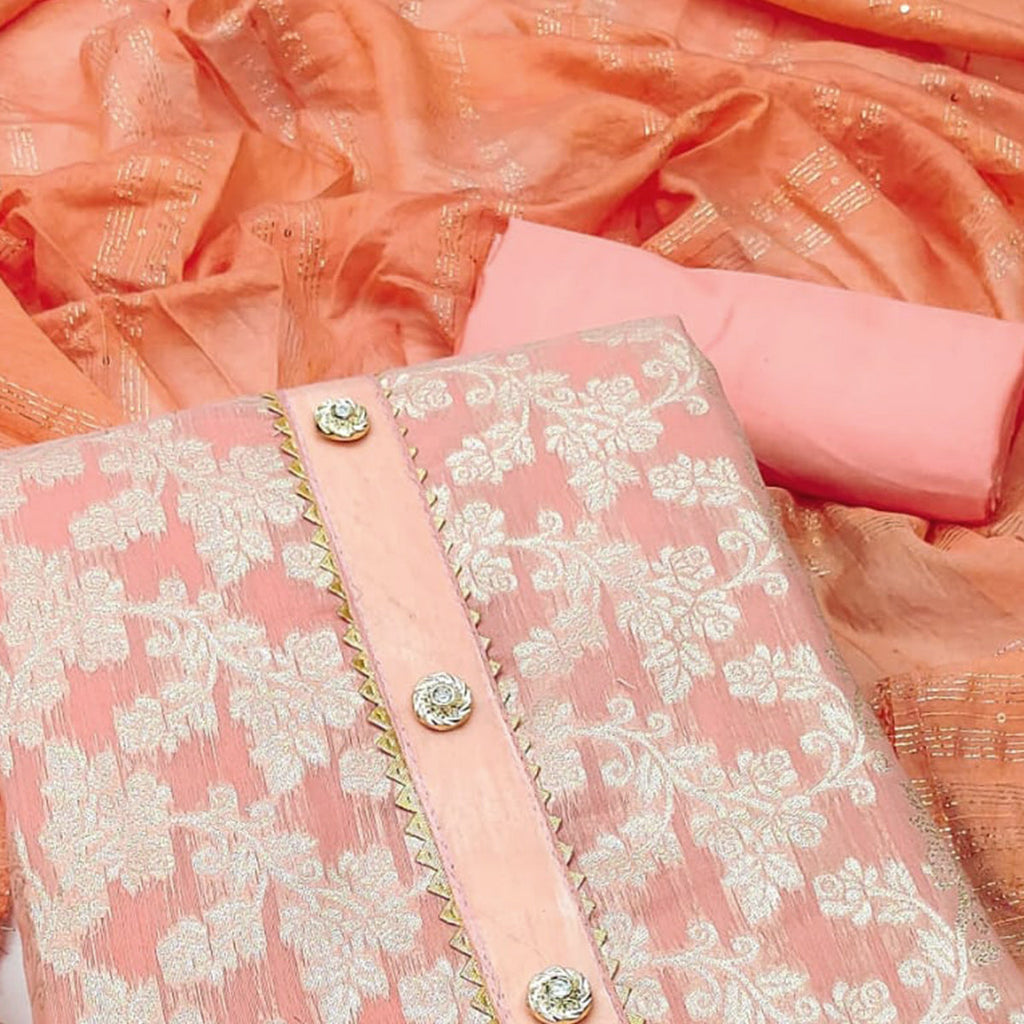 Peach Floral Woven Modal Dress Material