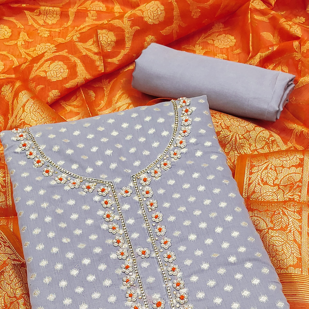 Grey Woven Banarasi Silk Dress Material