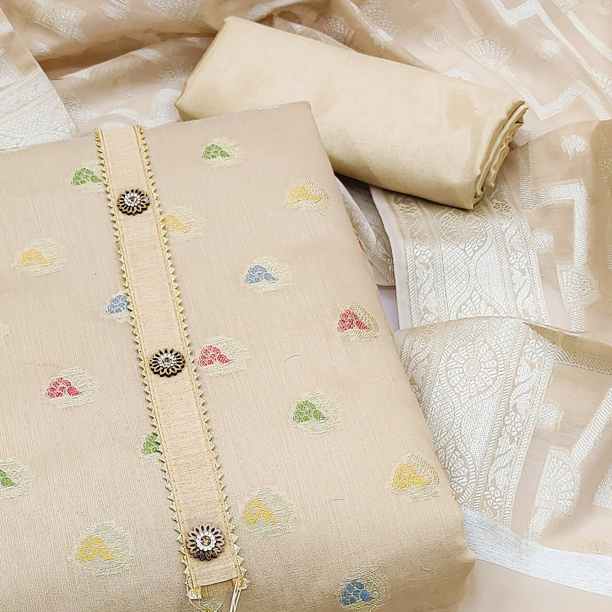 Beige Woven Banarasi Silk Dress Material