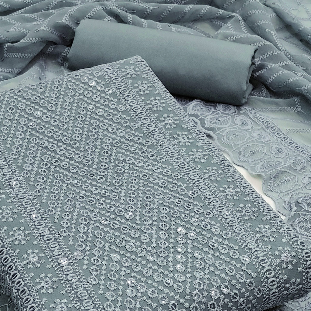 Grey Embroidered Georgette Dress Material
