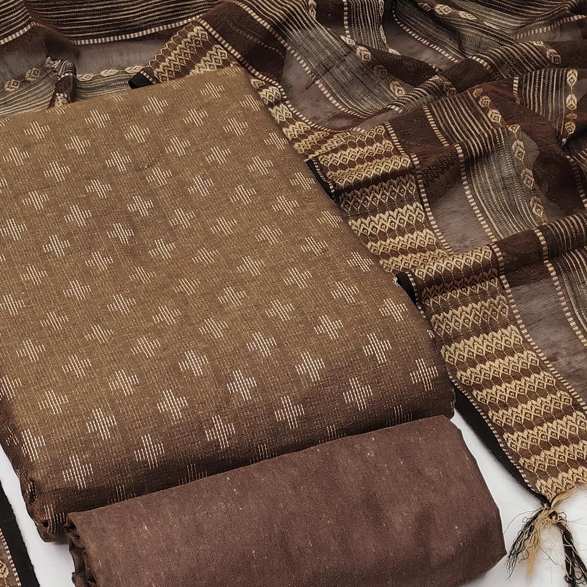 Coffee Brown Woven Cotton Blend Dress Material