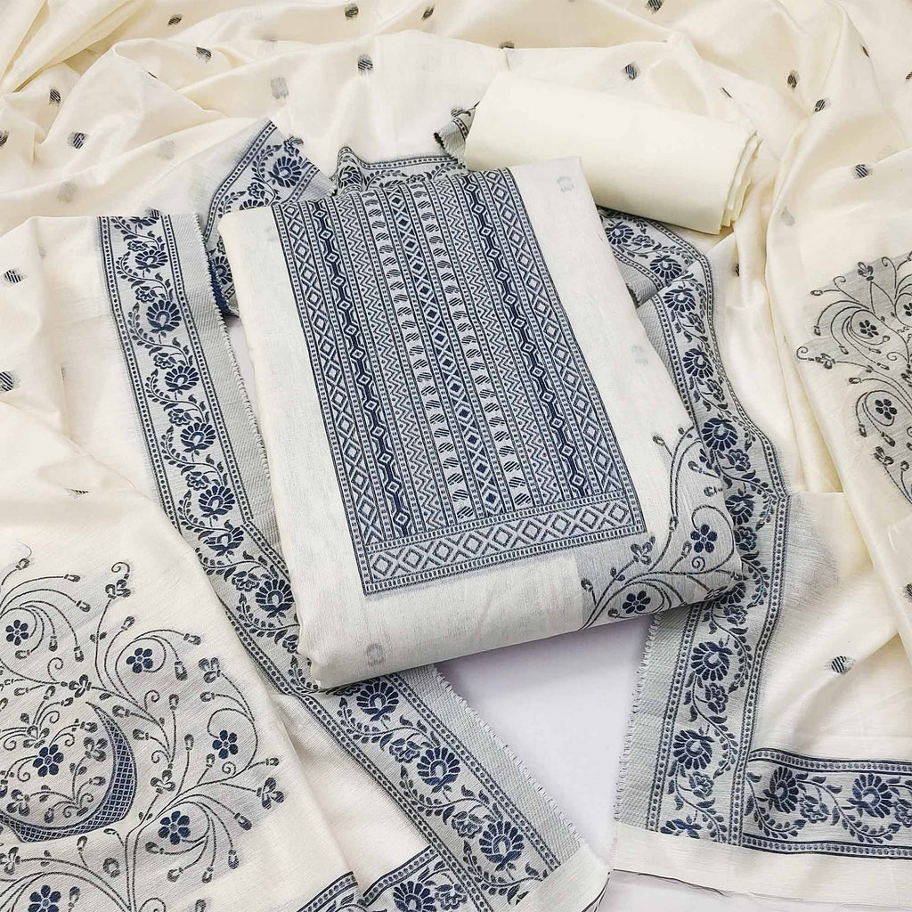 Cream & Blue Floral Woven Pure Cotton Dress Material