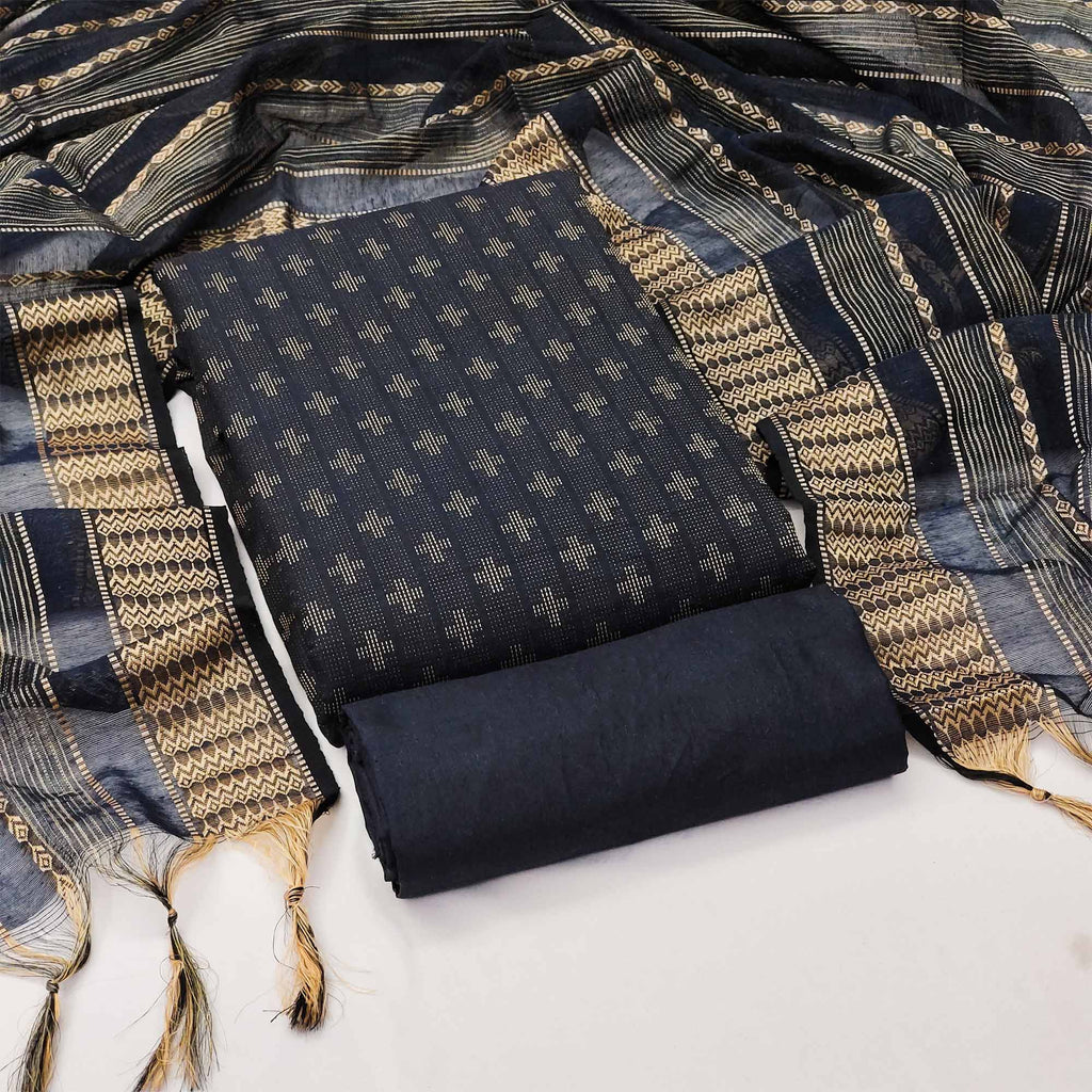 Navy Blue Woven Cotton Blend Dress Material