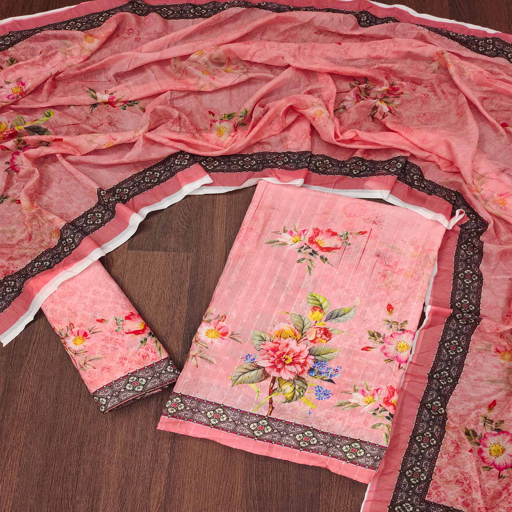 Pink Floral Digital Printed Muslin Dress Material