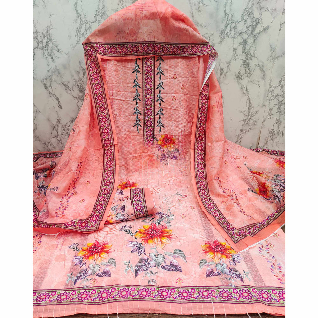 Peach Floral Digital Printed Muslin Dress Material