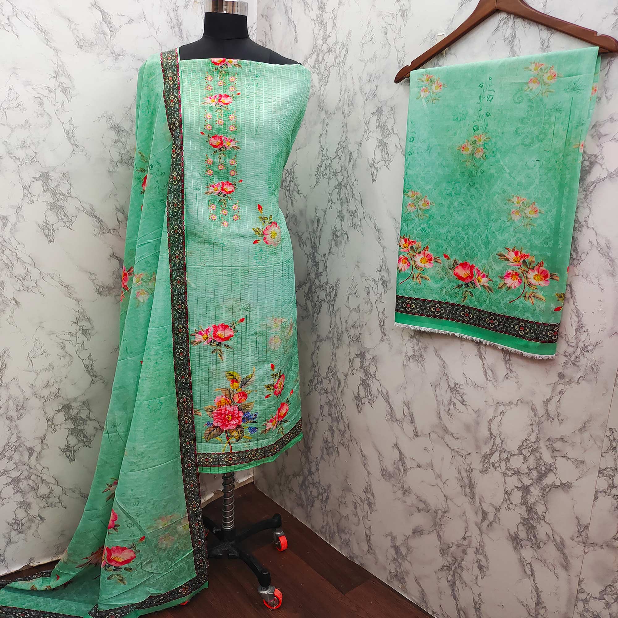 Green Floral Digital Printed Muslin Dress Material