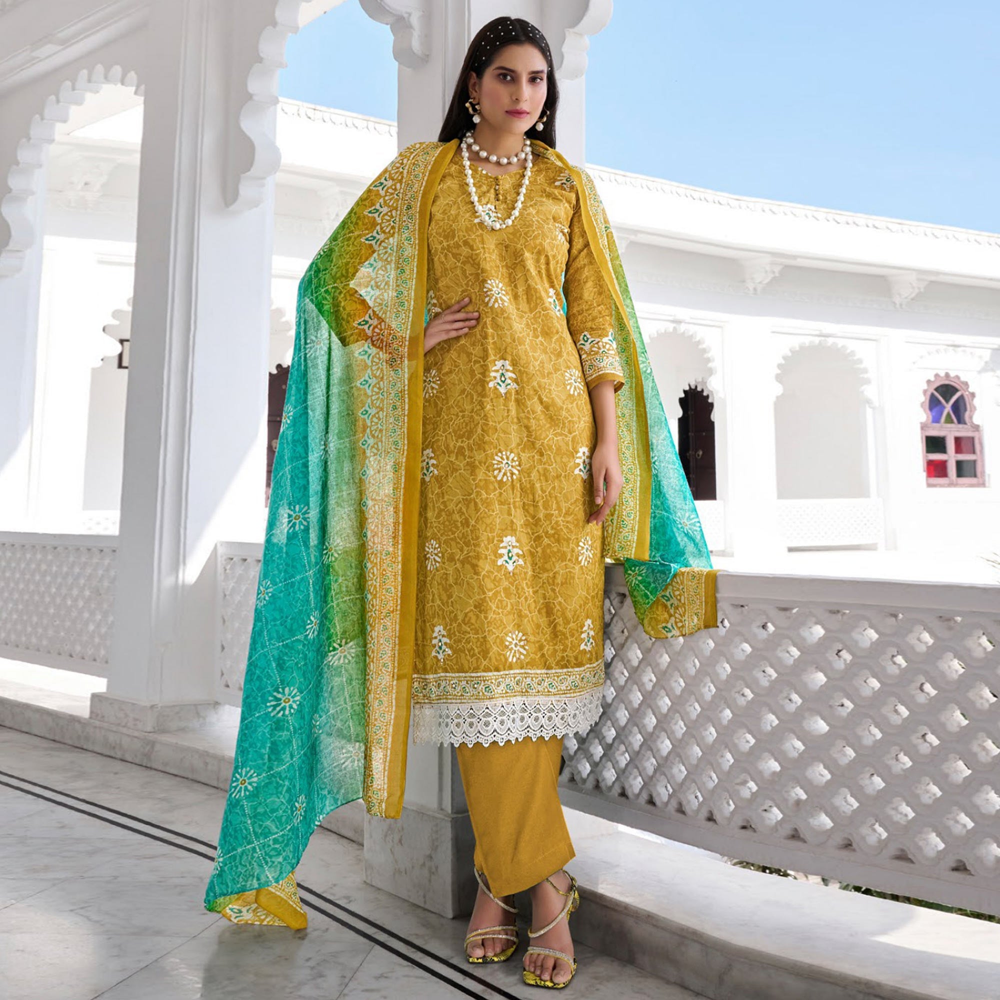Mehendi Green Digital Printed With Mirror Work Pure Cotton Suit