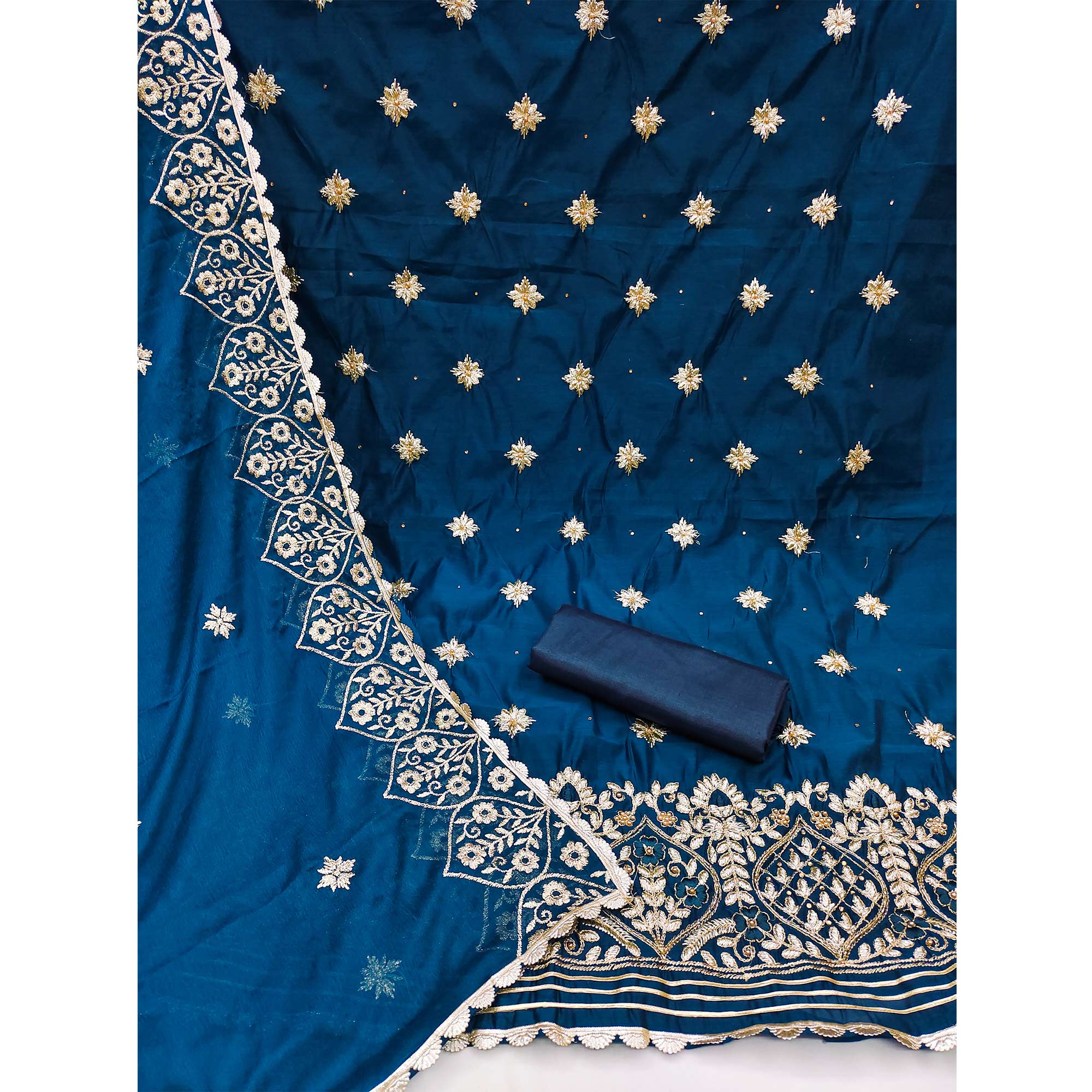 Blue Floral Embroidered Modal Dress Material