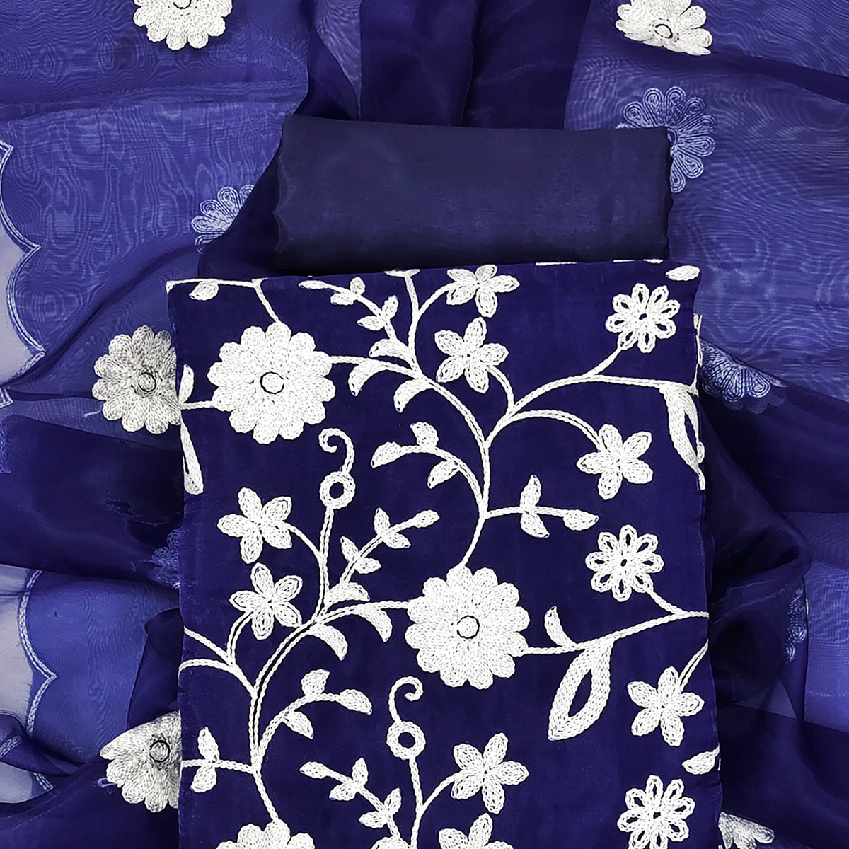 Blue Floral Embroidered Organza Dress Material