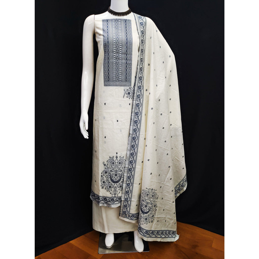 Cream & Blue Floral Woven Pure Cotton Dress Material