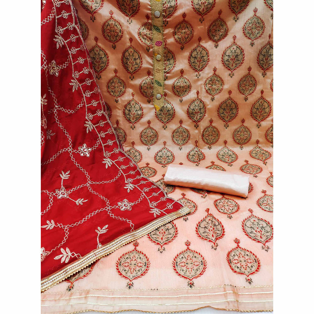 Peach Embroidered Chanderi Dress Material